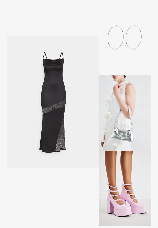 Črna satenska obleka s tankimi naramnicami, ki ima čipkast dodatek vzdolž diagonale in stranski razporek za dodaten detajl.; Koi Footwear PEARL DEWDROP PLATFORM HEELS - Visoke pete - pink; Srebrna metalna torbica z oblikovano strukturo, ki ima zgornji ročaj in detajl v obliki mašne spredaj. Gladka tekstura, z odsevnimi površinami.; Srebrne obročaste uhane z gladkim, okroglim dizajnom in poliranim zaključkom. So tanke in lahke, z enostavnim zapiranjem na sponko.