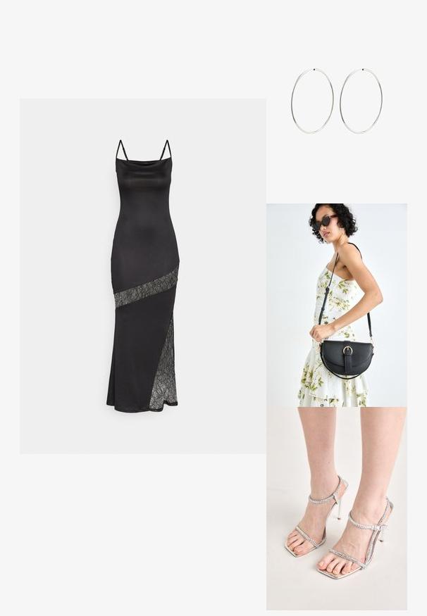 Musta satiini mekko ohuilla olkaimilla, jossa on pitsikoristelu vinossa saumassa ja sivuaukko lisäyksinä.; Jalat yang mengenakan sandal hak tinggi perak dengan tali tipis dan ujung persegi, berdiri di atas permukaan berwarna terang.; Musta nahkainen käsilaukku, joka on kaareva muotoilultaan, irrotettavalla hihnalla ja kultaisilla yksityiskohdilla. Laukussa on läppä, jossa on solk yksityiskohta.; Hope hopeita hopeita, joissa on sileä, pyöreä muoto ja kiiltävä pinta. Ne ovat ohuita ja kevyitä, ja niissä on yksinkertainen lukitus.