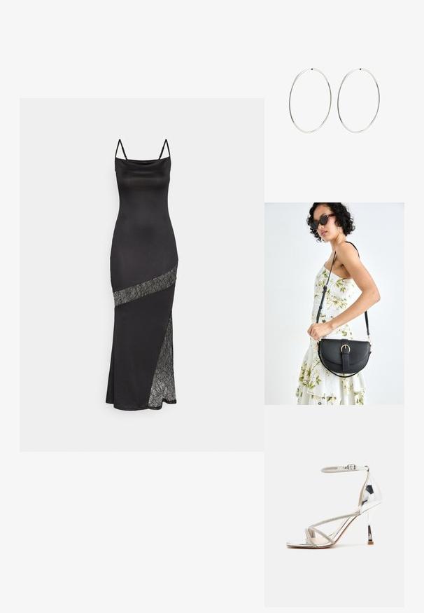 Black satin dress with spaghetti straps, featuring a lace accent along a diagonal seam and a side slit for added detail.; Silver high-heeled sandal with a strappy design, shimmering material, rhinestone accents, and a slender ankle strap. Square toe and polished heel.; Black leather handbag with a curved shape, detachable strap, and gold hardware. The bag features a flap with a buckle detail.; Silver hoop earrings with a smooth, round design and a polished finish. They are thin and lightweight, featuring a simple clasp closure.