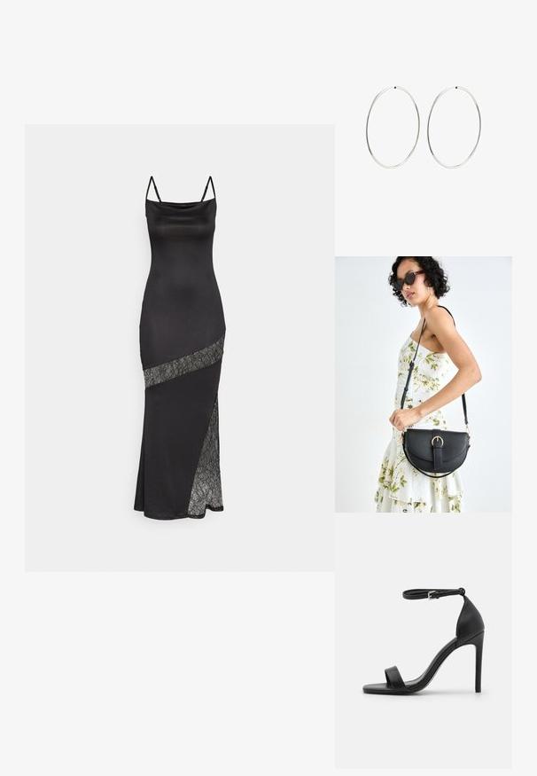 Czarna satynowa sukienka na ramiączkach, z koronkowym akcentem wzdłuż skośnej szwy i bocznym rozcięciem dla dodatkowego detal.; Czarny sandał na wysokim obcasie o smukłym designie, z paskiem na kostkę, otwartym czubkiem i gładką skórzaną teksturą.; Czarna skórzana torebka o zakrzywionym kształcie, z odpinanym paskiem i złotymi akcentami. Torebka posiada klapę z zapięciem w kształcie klamry.; Srebrne kolczyki na kółku o gładkim, okrągłym kształcie i wypolerowanym wykończeniu. Są cienkie i lekkie, z prostym zapięciem.