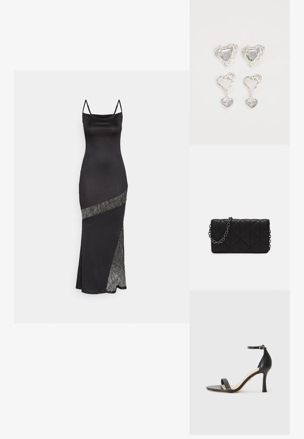 Musta satiini mekko ohuilla olkaimilla, jossa on pitsikoristelu vinossa saumassa ja sivuaukko lisäyksinä.; Musta nahkainen korkokenkä nilkkahihnalla, avonaisella varpaalla ja sulavalla, kaarevalla kannalla. Teksturoitu pohja ja minimalistinen muotoilu.; Mustekattu musta käsilaukku, jossa on sileä nahkapinta, varustettu ketjusangalla ja geometrisilla timanttikuvioilla pinnassa.; Hopeasydänkorvakorut sisältävät hiottuja kirkkaita kiviä, joissa on teksturoitu kehys. Settiin kuuluu nappi- ja roikkuvat mallit.