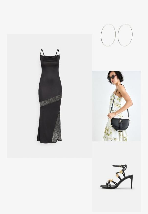 Abito di raso nero con spalline sottili, caratterizzato da un accento in pizzo lungo una cucitura diagonale e uno spacco laterale per un tocco in più.; Sandal in pelle nera con tacco alto e cinturini delicati, arricchita da accenti floreali dorati e texture lucida; presenta una chiusura a fibbia sulla cinghia alla caviglia.; Borsa a tracolla nera in pelle con una forma curva, manico rimovibile e accessori dorati. La borsa presenta una patta con un dettaglio a fibbia.; Orecchini a cerchio in argento con un design rotondo e liscio e una finitura lucida. Sono sottili e leggeri, con una semplice chiusura a scatto.