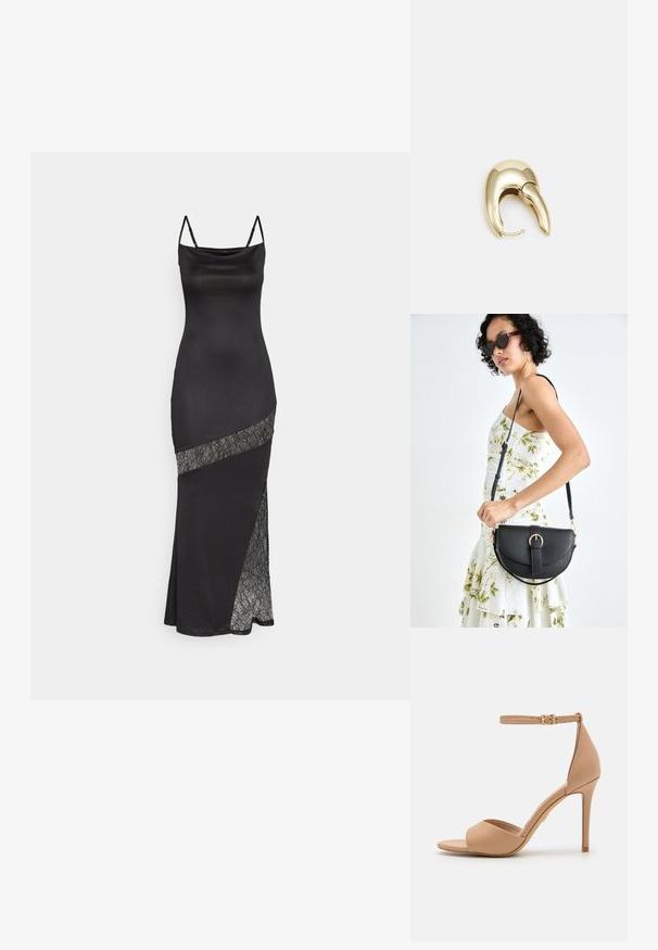 Črna satenska obleka s tankimi naramnicami, ki ima čipkast dodatek vzdolž diagonale in stranski razporek za dodaten detajl.; ALDO CRERIDE PILLOW WALK - Sandali - beige; Črna usnjena torbica s ukrivljeno obliko, z odstranljivo naramnico in zlatimi dodatki. Torbica ima pokrov s podrobnostmi v obliki zaponke.; Uhane nakit iz zlatastega tona z gladko, ukrivljeno zasnovo. Ima edinstveno koničasto obliko, polirano površino in zaponko s tečajem.