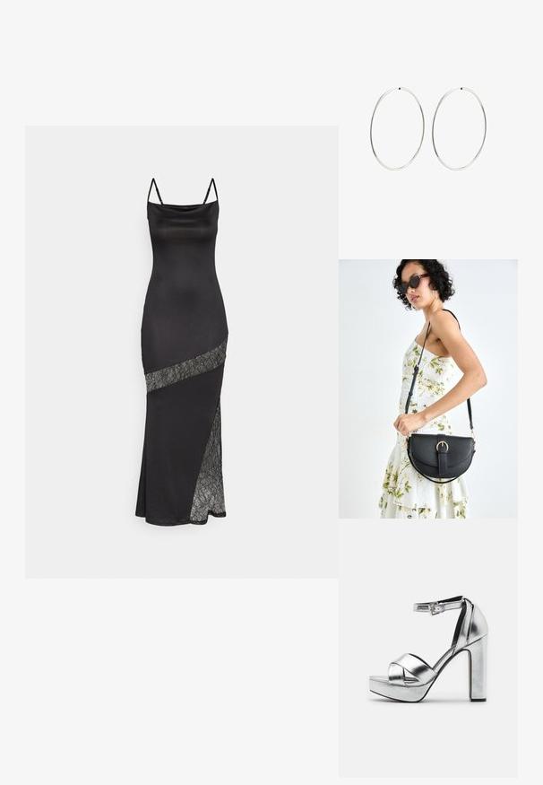 Black satin dress with spaghetti straps, featuring a lace accent along a diagonal seam and a side slit for added detail.; Silver metallic platform sandals with a high block heel, featuring a crossed strap design and an adjustable ankle strap.; Black leather handbag with a curved shape, detachable strap, and gold hardware. The bag features a flap with a buckle detail.; Silver hoop earrings with a smooth, round design and a polished finish. They are thin and lightweight, featuring a simple clasp closure.