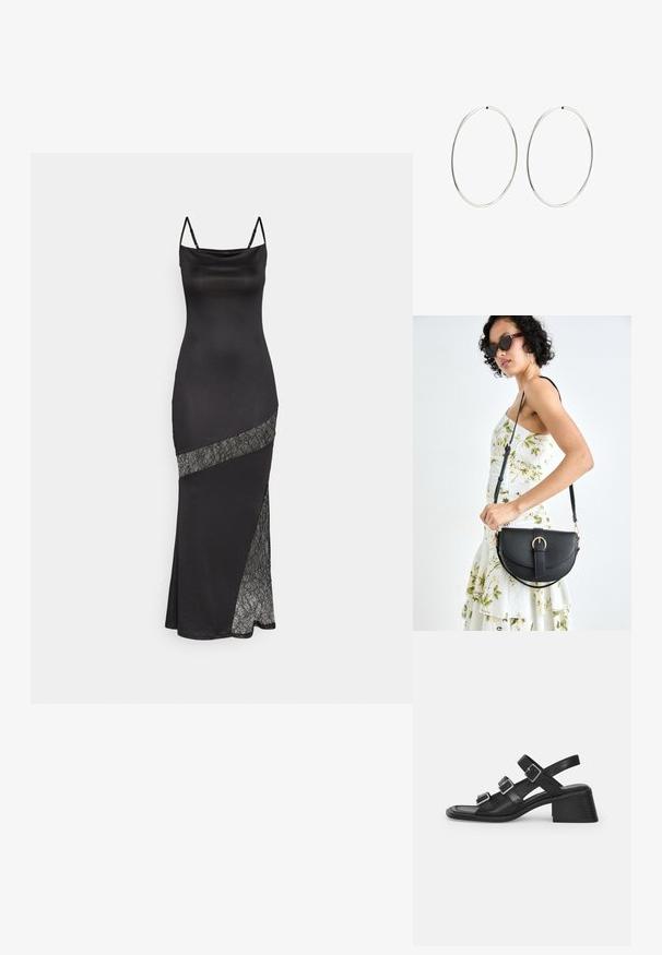 Juodas atlasinis suknelė su spaghetti petnešėlėmis, turinti nėrinių akcentą palei įstrižą siūlę ir šoninį įdūrimą papildomai detalei.; Juodos odinės šlepetės su trimis reguliuojamais dirželiais, kvadratiniu noseliu ir siauru blokiniu kulnu. Lygus paviršius ir minimalistiškas dizainas.; Juodas odinis krepšys su išlenkta forma, nuimamu dirželiu ir auksiniais detalėmis. Krepšys turi kilpą su sagtimi.; Sidabriniai auskarai-žiedai su lygiu, apvaliu dizainu ir blizgiu paviršiumi. Jie yra ploni ir lengvi, turintys paprastą užsegimą.