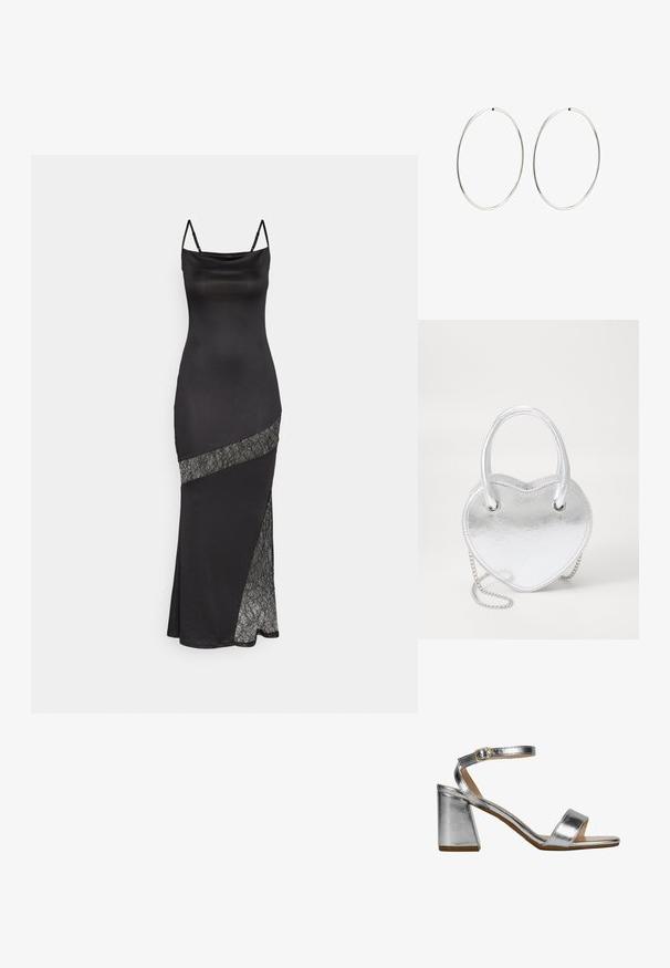Black satin dress with spaghetti straps, featuring a lace accent along a diagonal seam and a side slit for added detail.; Silver heeled sandals with a metallic finish. Features a wide strap over the toes and an ankle strap with a gold buckle. Block heel design.; Silver metallic heart-shaped handbag with dual handles, chain strap, and smooth texture. Features metal hardware and stitched edges.; Silver hoop earrings with a smooth, round design and a polished finish. They are thin and lightweight, featuring a simple clasp closure.