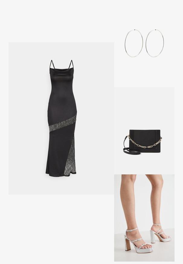 Must musträtik, millel on õhukesed sangad, kaunistatud pitsaktsendiga diagonaalses õmbluses ning külgmise lõhiku lisadetailiks.; Hõbedased platvormi kõrged kontsad, millel on pahkluude rihmad, tekstureeritud materjal, lai ploki konts ja reguleeritavad klambrid.; Mustast nahast õlakott, mis omab siledat tekstuuri, ristküliku kuju ning esiküljel metallketi detaili. Reguleeritav rihm on kaasas.; Hõbedased rõngaskõrvarõngad, millel on sujuv, ümmargune disain ja poleeritud viimistlus. Need on õhukesed ja kerged, omades lihtsat klambrit.