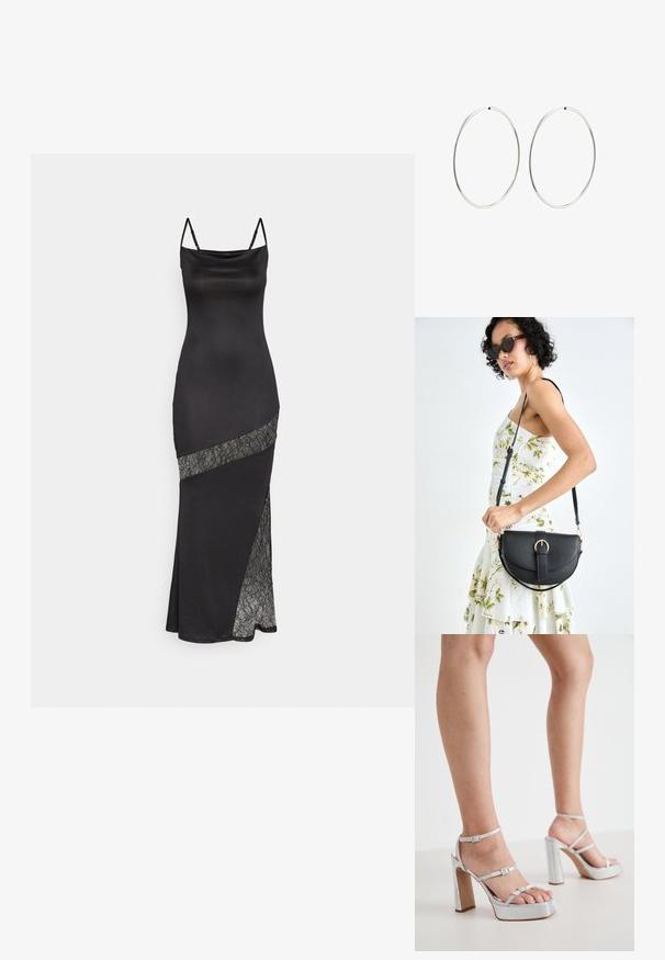 Must musträtik, millel on õhukesed sangad, kaunistatud pitsaktsendiga diagonaalses õmbluses ning külgmise lõhiku lisadetailiks.; Hõbedased platvormi kõrged kontsad, millel on pahkluude rihmad, tekstureeritud materjal, lai ploki konts ja reguleeritavad klambrid.; Mustmust mustraha kõverate joontega, eemaldatava rihmaga ja kuldsete detailidega. Kotil on klapp, millel on pandladetail.; Hõbedased rõngaskõrvarõngad, millel on sujuv, ümmargune disain ja poleeritud viimistlus. Need on õhukesed ja kerged, omades lihtsat klambrit.