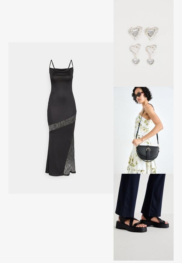 Schwarzes Satin-Kleid mit Spaghetti-Trägern, das eine Spitzenakzent entlang einer diagonalen Naht und einen seitlichen Schlitz für zusätzlichen Detail bietet.; Schwarze Plattformsandalen mit breiten, gekreuzten Riemen und einer dicken Sohle. Das Obermaterial besteht aus glattem Material und hat ein offenes Zehen-Design.; Schwarze Lederhandtasche mit geschwungener Form, abnehmbarem Tragegurt und goldenen Beschlägen. Die Tasche verfügt über einen Deckel mit einer Schnallen-Details.; Silberne herzförmige Ohrringe mit facettierten klaren Steinen und einem strukturierten Rahmen. Das Set umfasst Stecker- und Anhänger-Stile.