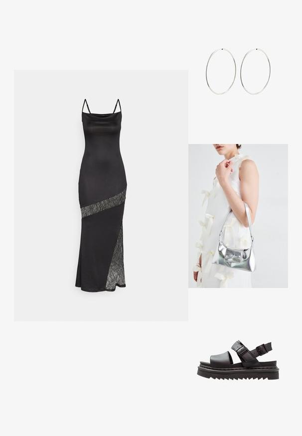 Must musträtik, millel on õhukesed sangad, kaunistatud pitsaktsendiga diagonaalses õmbluses ning külgmise lõhiku lisadetailiks.; Mustad must thempli sangaadid, millel on lai varvasrihm, kaks reguleeritavat vöörimust ning paks, soonikuline platvormi tald stabiilsuse jaoks.; Hõbedane metallik käekott struktureeritud kujuga, millel on ülemine sang ja ettepoole suunatud paeladetail. Sile tekstuur, peegeldav viimistlus.; Hõbedased rõngaskõrvarõngad, millel on sujuv, ümmargune disain ja poleeritud viimistlus. Need on õhukesed ja kerged, omades lihtsat klambrit.