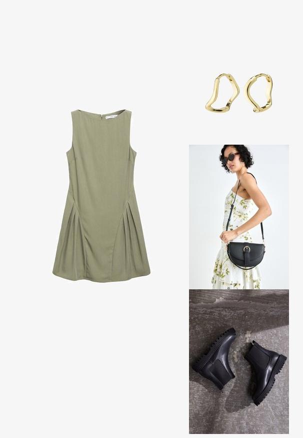 Sukienka bez rękawów w oliwkowym kolorze, z dopasowaną górą i plisowanym dołem, z zapięciem na zamek z tyłu i okrągłym dekoldem.; Czarne botki za kostkę na grubej podeszwie, z elastycznymi panelami i gładkim skórzanym wykończeniem. Wyraźna, żłobiona podeszwa oraz smukła sylwetka.; Czarna skórzana torebka o zakrzywionym kształcie, z odpinanym paskiem i złotymi akcentami. Torebka posiada klapę z zapięciem w kształcie klamry.; Złote kolczyki w kształcie obręczy z płynnych, falistych wzorów. Gładka faktura, otwarty kształt i brak widocznych zapięć. Minimalistyczny i nowoczesny wygląd.