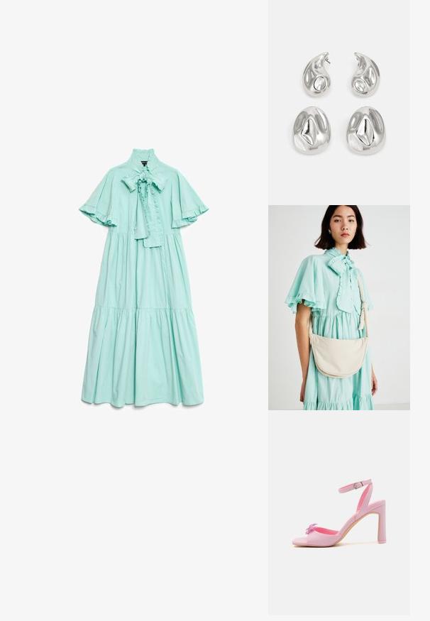 Mintgrønn, knelang kjole laget av lett stoff med høy volangkrage, sløyfedetalj og korte, flagrende ermer.; Rosa høyhælte sandal med ankelrem, glatt skinnmateriale, åpne tær og blomsterdekorasjon på overdelen.; Kremfarget håndveske med en buet form, myk tekstur og justerbar stropp, båret over en lys mintgrønn rynket kjole.; Sølvøredobber med to tåreformede og to avrundede former, alle med en polert, reflekterende overflate og glatt tekstur.
