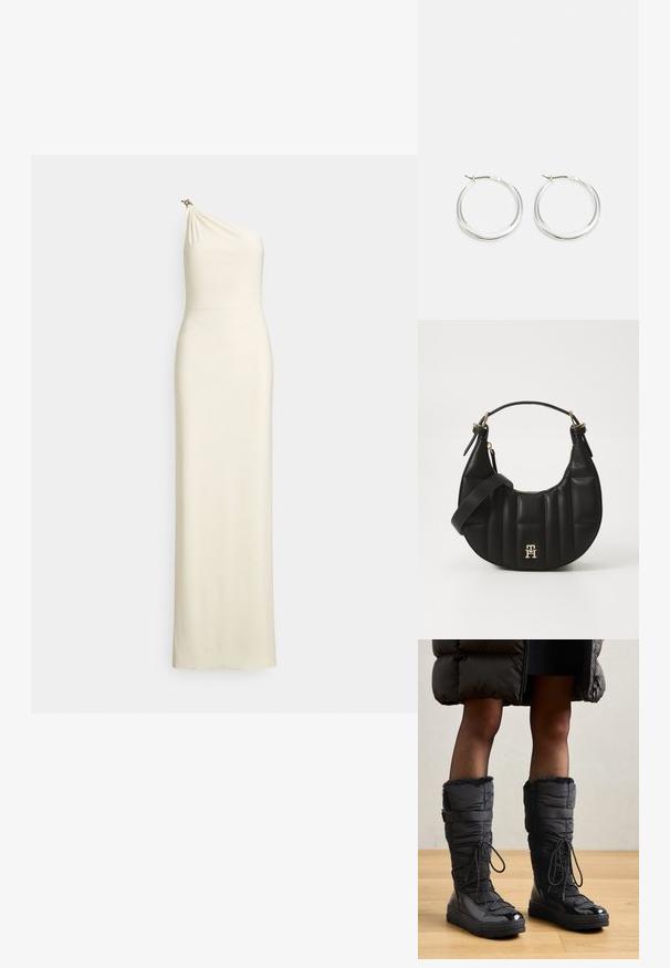 Fitted, one-shoulder gown in cream fabric. Draped bodice with a subtle sheen and decorative hardware accent on the shoulder. Floor-length design.; Knee-high black puffer boots with faux fur trim, shiny waterproof upper, textured sole, and adjustable lace detailing.; Black leather handbag with a curved shape, quilted texture, and gold hardware. Features a detachable shoulder strap and logo detail.; Silver hoop earrings feature a smooth, rounded design with a thin profile and secure clasp. Minimalistic style with a polished finish.