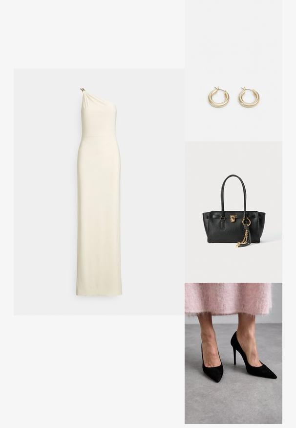Abito aderente monospalla in tessuto crema. Corpetto drappeggiato con una leggera lucentezza e dettaglio decorativo in metallo sulla spalla. Design lungo fino al pavimento.; Décolleté neri in suede con punta affusolata e tacco a stiletto. Indossati con una gonna rosa pelosa, l'attenzione è sul design e sulla texture delle scarpe.; Borsa a mano in pelle nera con doppi manici, lucchetto dorato e dettaglio a catena, accessorio con nappina in bianco e nero su sfondo bianco.; Lauren Ralph Lauren BASIC SMALL HOOP - Orecchini - gold-coloured