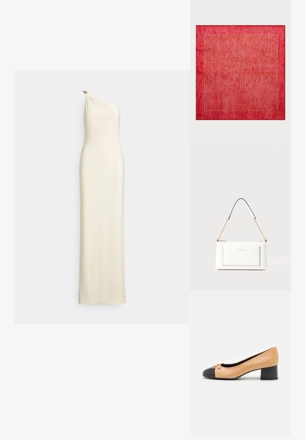 Fitted, one-shoulder gown in cream fabric. Draped bodice with a subtle sheen and decorative hardware accent on the shoulder. Floor-length design.; Beige leather pump with a black rounded toe, small bow detail, and a low block heel. Smooth texture and a classic silhouette.; Red rectangular rug featuring a textured surface with a gold dot pattern enclosed within a thin gold border. Smooth and vivid color.; White leather handbag with a textured finish, featuring a gold chain strap and black accents. Includes a front pocket and zipper closure.