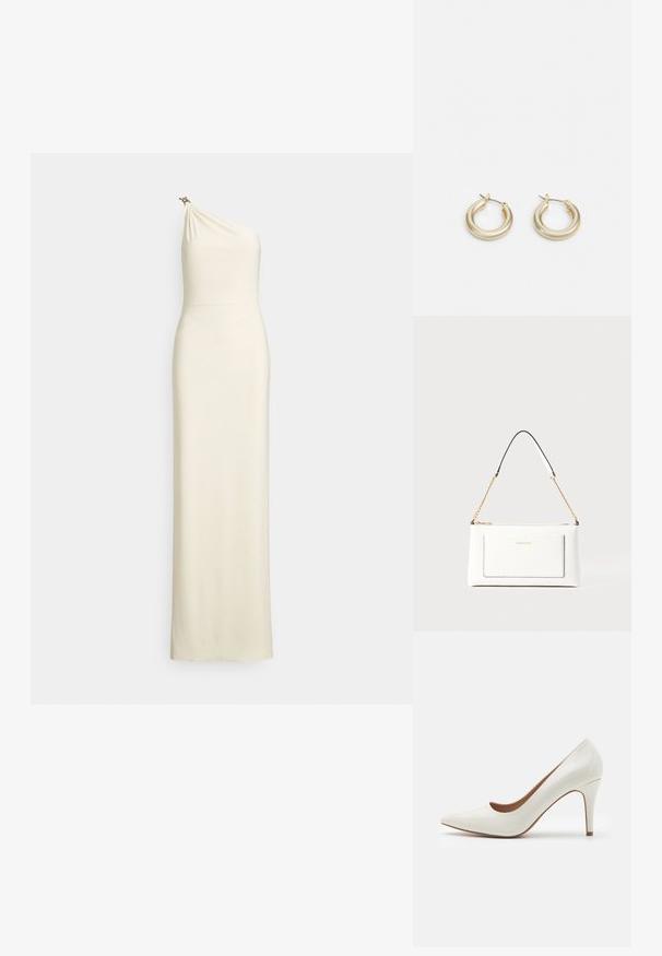 Ugrušena haljina s jednom naramenicom u krem tkanini. Drapirani korzet s diskretnim sjajem i ukrasnim metalnim detaljem na ramenu. Dizajn do poda.; Bijela lakirana kožna cipela s visokom potpeticom, zašiljenog vrha i glatke površine, s vitkom potpeticom i niskim izrezom oko otvora.; Bijela kožna torba s teksturiranim završetkom, koja ima zlatni lančić i crne akcentne detalje. Uključuje prednji džep i zatvaranje na patentni zatvarač.; Lauren Ralph Lauren BASIC SMALL HOOP - Naušnice - gold-coloured