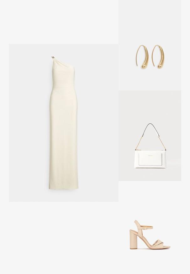 Rochie mulată, cu un umăr gol, din țesătură crem. Bodice drapat cu un luciu subtil și un accesoriu decorativ la nivelul umărului. Design lung până la podea.; Sandale cu toc înalt bej, cu un design cu nod în față, curea pentru glezne ajustabilă și toc solid, realizate din piele netedă.; Geantă de mână din piele albă cu un finisaj texturat, având o curea din lanț aurie și accente negre. Include un buzunar frontal și închidere cu fermoar.; Cercei din metal auriu, cu un design curbat și alungit. Au o suprafață netedă și strălucitoare, cu un vârf rotunjit pentru un detaliu suplimentar.