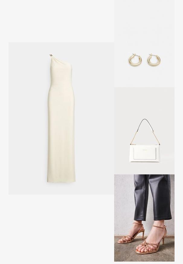 Vestido ajustado de un solo hombro en tela crema. Corpiño drapeado con un brillo sutil y adorno decorativo en el hombro. Diseño hasta el suelo.; Las sandalias de tacón en tono dorado rosado cuentan con tiras cruzadas adornadas con pequeñas cuentas. Los tacones son delgados, con un acabado brillante y tiras ajustables en el tobillo.; Bolso de mano de cuero blanco con un acabado texturizado, que cuenta con una correa de cadena dorada y acentos negros. Incluye un bolsillo frontal y cierre de cremallera.; Lauren Ralph Lauren BASIC SMALL HOOP - Pendientes - gold-coloured
