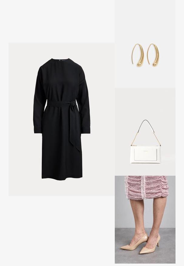 Črna obleka dolgega rokava z visokim ovratnikom, pasom in ravno silhueto. Narejena iz gladkega materiala, z gumbom za zapiranje na hrbtni strani.; Bež usnjeni salonarji z visokim peto in koničastim nosom. Gladka tekstura z elegantnim oblikovanjem. Oblečeni z roza bleščečo obleko.; Bela usnjena torbica z teksturirano površino, ki vključuje zlat pas in črne detajle. Ima sprednji žep in zadrgo.; Bela usnjena torbica z teksturirano površino, ki vključuje zlat pas in črne detajle. Ima sprednji žep in zadrgo.; Zlato-tonirani kovinski uhani v obliki obroča s krivuljo in podolgovato obliko. Imajo gladko, sijočo površino in zaobljen vrh za dodaten detajl.