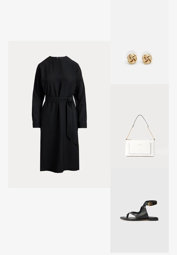 Vestido negro de manga larga con cuello alto, cintura ceñida con cinturón y silueta recta. Hecho de una tela suave, con cierre de botón en la parte posterior.; Sandal de cuero negro con un diseño elegante, punta abierta y correa ajustable en el tobillo con detalle de herrajes en tono dorado. Suela plana.; Bolso de mano de cuero blanco con un acabado texturizado, que cuenta con una correa de cadena dorada y acentos negros. Incluye un bolsillo frontal y cierre de cremallera.; Pendientes de botón en tono dorado con un diseño retorcido. Cada pendiente cuenta con un respaldo circular transparente para una sujeción segura.