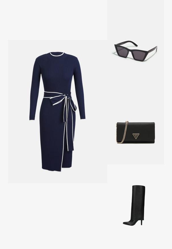 Marineblaues ribbed Strickkleid mit langen Ärmeln, Rundhalsausschnitt und weißen Akzenten. Mit einem gebundenen Gürtel in der Taille und einem seitlichen Schlitz für zusätzliche Details.; Schwarze Lederkniehohe Stiefel mit Stiletto-Absatz. Glatte Textur, spitze Zehen und ein zylindrisches Design des oberen Schafts. Elegante Silhouette.; Schwarze, eckige Sonnenbrille mit grauen Gläsern; aus Kunststoff gefertigt, mit dicken Bügeln, die eine glatte Oberfläche und keine sichtbaren Beschläge haben.; Schwarze Umhängetasche mit strukturierter Oberfläche, ausgestattet mit einem goldenen Kettenriemen und einer goldenen, dreieckigen Logo-Platte auf der Vorderseite.; Dünner, polierter goldener Armreif mit einer glatten, runden Form und subtiler Markenkennzeichnung. Verfügt über ein nahtloses Design und eine minimalistische Ästhetik.