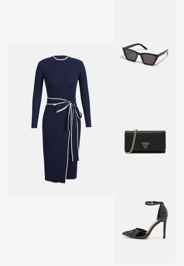 Rochie tricotată în dungi de culoare bleumarin, cu mâneci lungi, decolteu rotund și margine albă. Prezintă un brâu legat la talie și o fanta laterală pentru detaliu.; Pantof de piele lacuită neagră cu toc înalt, vârf ascuțit, curea pentru gleznă și toc subțire stilettos. Textură netedă cu un finisaj lucios.; Ochelari de soare negri, unghiulari, cu lentile gri; fabricați din plastic, având brațe groase cu o suprafață netedă și fără hardware vizibil.; Geantă crossbody neagră cu un suprafață texturată, prevăzută cu o curea din lanț aurie și un plăcuță logo triunghiulară aurie pe față.; Brățară subțire din aur lustruit, cu o formă rotundă și netedă, având o marcă subtilă. Prezintă un design fără cusături și o estetică minimalistică.