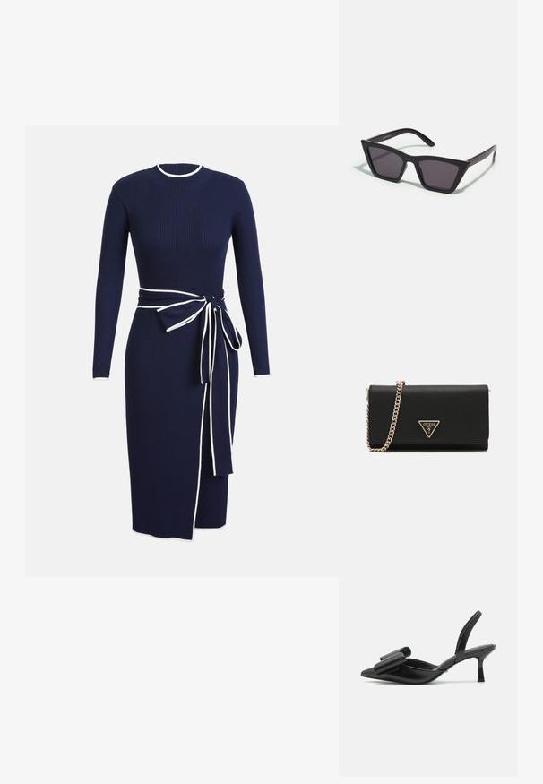 Tamsiai mėlynos spalvos tekstūruota megzta suknelė su ilgomis rankovėmis, apvaliu iškirpimu ir baltais akcentais. Turi pririštą diržą talijoje ir šoninės įpjovos detalę.; Juodos kulninės slingback basutės su smailiu pirštu, blizgiais oda, ir dideliu kaspinu priekyje.; Juodos, kampuotos saulės akinios su pilkais stiklais; pagaminti iš plastiko, su storomis šakėmis, turinčiomis lygų paviršių ir be matomų detalių.; Juodas per petį nešiojamas krepšys su tekstūruota paviršiumi, turintis auksinį grandinėlės diržą ir auksinį trikampį logotipo plaką priekyje.; Plonas, poliruotas auksinis apyrankė su lygiu, apvaliu pavidalu ir subtiliu ženklinimu. Pasididžiavimas besiūle konstrukcija ir minimalistiška estetika.
