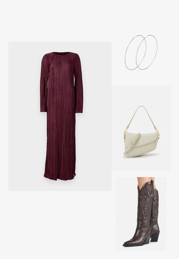 Ilga, slyvų spalvos suknelė su raukšlėta tekstūra, apvaliu dekoltė ir ilgomis rankovėmis. Savybė - šoninė iškirptė, suteikianti papildomo akcento.; Rudos odinės kaubojaus batai su smailiu priekiu ir blokuotu kulnu, pasižymintys detaliu siuvinėjimu ir iškiliais akcentais ant ašies.; Mažas kreminis rankinukas su tekstūruotu paviršiumi, ilga reguliuojama juostele, grandinėle ir užsegimu su atvartu. Aukso detalės.; Sidabrinės pusmėnulio auskarai minimalistiniu dizainu. Apskritimo forma, lygus paviršius ir plonas profilis. Lengvi su poliruotu apdailu.