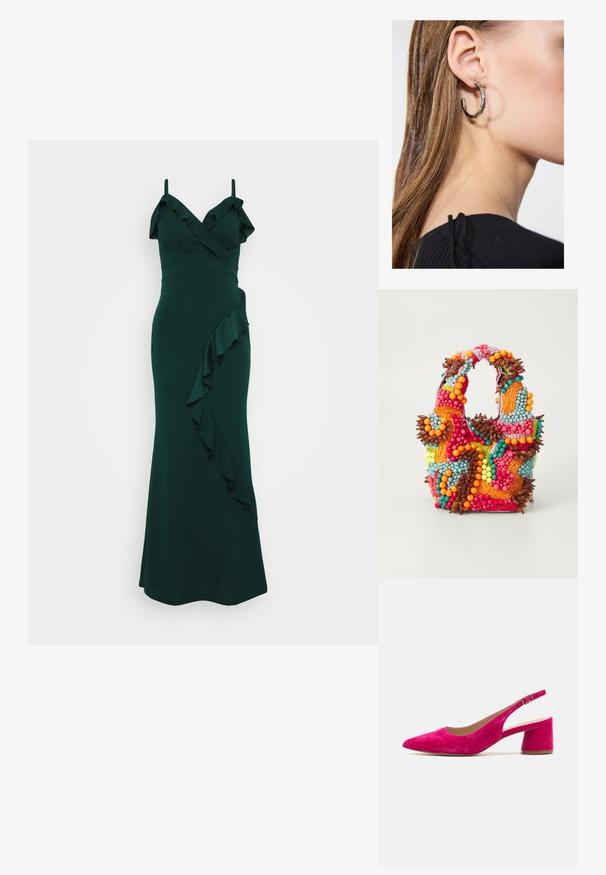 Smaragdově zelené šaty se špagetovými ramínky, volánkovým výstřihem a kaskádovým volánem po straně. Vyrobeno z hladké látky, s přiléhavým střihem.; Slingback podpatky v živé magentové semišové látce, špičatá špička, široký blokový podpatek, nastavitelný popruh s přezkou, hladký povrch a uzavřená záda.; Beaded kabelka s živými barvami: růžovou, oranžovou, modrou a hnědou. Texturovaný povrch s kulatými korálky a organickými tvary, pevné uchy.; Stříbrný kruhový náušník s lesklým povrchem, zdobený malými zlatými akcenty, v kulatém tvaru, nošený na lalůčku.