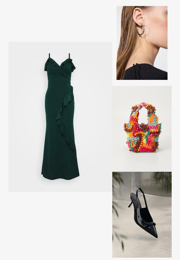 Emerald green dress with shoulder straps, ruffled neckline, and a cascading ruffle along the side. Made from smooth fabric, form-fitting design.; Black patent leather slingback high heel with pointed toe and decorative buckle, suspended above a light cracked floor.; Beaded handbag featuring vibrant colors: pink, orange, blue, and brown. Textured surface with circular beads and organic shapes, sturdy handles.; Silver hoop earring with a polished finish, featuring small gold accent details and a round shape, worn on the lobe.