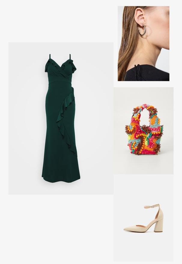 Smaragdnorazna obleka z naramnicami, nagubanim izrezom in padajočim nabranim detajlom ob strani. Narejena iz gladkega materiala, telesu prilagojena zasnova.; Bež usnjeni visoki čevelj z zakovano prstom, trakovi okrog gležnja in debelim peto. Gladka tekstura z minimalnimi šivi.; Beaded torbica z živahnimi barvami: roza, oranžna, modra in rjava. Teksturna površina s krožnimi biseri in organskimi oblikami, trdni ročaji.; Srebrna obročasta uhana s polirano površino, ki vključuje majhne zlate poudarke in okroglo obliko, nošena na ušesnem lobu.