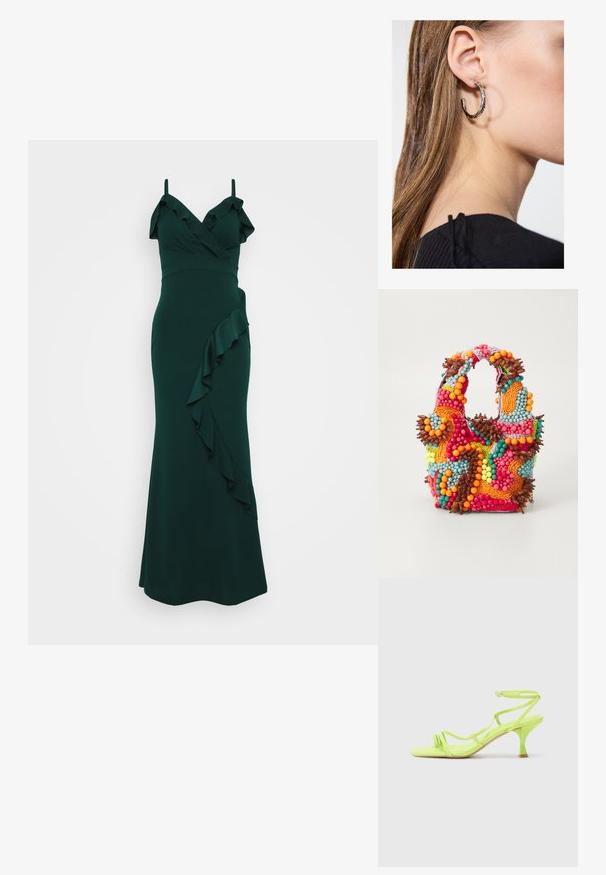 Smaragdgroene jurk met schouderbandjes, geraffineerde halslijn en een vallende franje langs de zijkant. Gemaakt van een gladde stof, aansluitend ontwerp.; Neon groene hoge hak sandaal met een vierkante neus, dunne bandjes, enkelgesp en een gebogen hak. Gladde stof met een glanzende afwerking.; Beaded handtas met levendige kleuren: roze, oranje, blauw en bruin. Getextureerd oppervlak met ronde kralen en organische vormen, stevige handvatten.; Zilveren oorbel met een gepolijste afwerking, met kleine gouden accentdetails en een ronde vorm, gedragen op de oorlel.