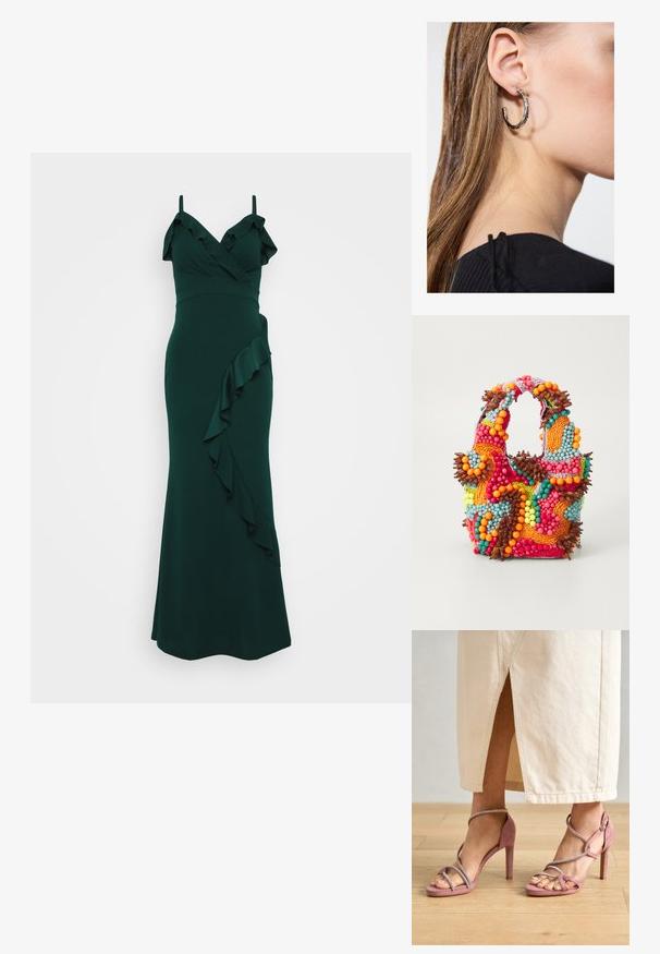 Smaragdgroene jurk met schouderbandjes, geraffineerde halslijn en een vallende franje langs de zijkant. Gemaakt van een gladde stof, aansluitend ontwerp.; Roze suède hoge hakken sandalen met kruislings banden en zilveren versieringen, met een open teen ontwerp en een gestructureerd oppervlak.; Beaded handtas met levendige kleuren: roze, oranje, blauw en bruin. Getextureerd oppervlak met ronde kralen en organische vormen, stevige handvatten.; Zilveren oorbel met een gepolijste afwerking, met kleine gouden accentdetails en een ronde vorm, gedragen op de oorlel.