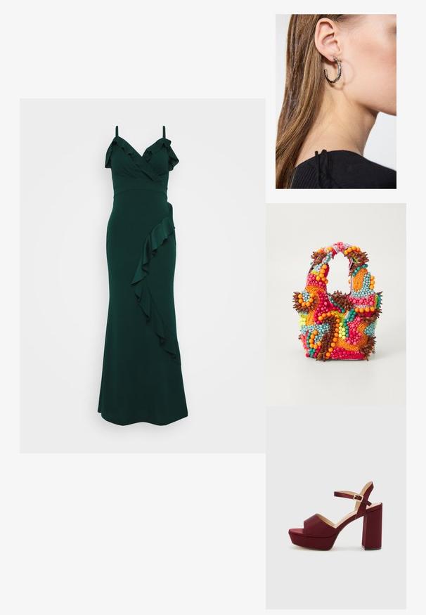 Robe vert émeraude avec des bretelles, décolleté volanté et un volant cascade sur le côté. Conçue en tissu doux, à coupe ajustée.; Sandales à plateforme bourgogne avec un bout ouvert, un talon bloc épais, une sangle de cheville et une finition satinée. Présente un design à l'avant en croisé.; Sac à main en perles aux couleurs vives : rose, orange, bleu et marron. Surface texturée avec des perles circulaires et des formes organiques, poignées robustes.; Boucle d'oreille en argent avec une finition polie, présentant de petits détails en or et de forme ronde, portée sur le lobe.