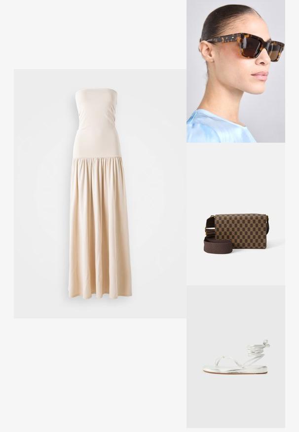 Beige strapless maksimekko, jossa on tiukka bodice ja virtaava kerroksellinen hame, valmistettu pehmeästä kankaasta, joka on tasaisen sileä koko matkalta.; Hopeiset metallinhohtoiset sandaalit, joissa on thong-muotoilu, nilkkaremmi ja tasapohja, jossa on teksturoitu pinta.; Silmulaiset aurinkolasit paksuilla suorakulmaisilla sangoilla. Tummat linssit ja kultasävyiset yksityiskohdat sangoissa. Sileä, kiiltävä pinta.; Ruskea kuviollinen olkalaukku, jossa on geometrinen muotoilu, teksturoitu pinta ja irrotettava hihna herringbone-kuviolla. Kultaista metalliosaa.