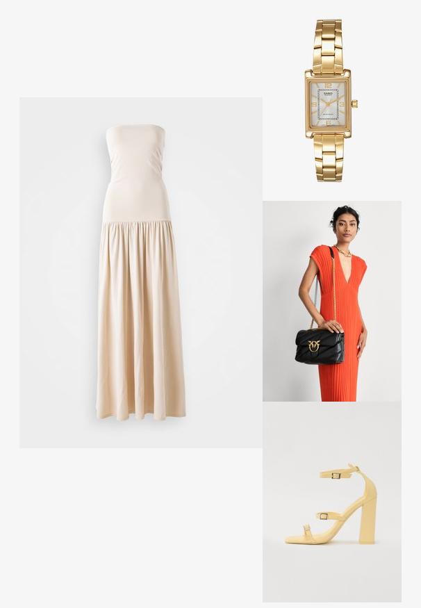Vestido maxi sin mangas de color beige con un corpiño ajustado y una falda fluida y recogida, confeccionado en una tela suave, que presenta una textura lisa en toda su extensión.; Sandalias de tacón cuadrado amarillas con tres correas ajustables, diseño de punta cuadrada, material sintético suave y hebillas en tono plateado.; Bolso de mano de cuero negro con diseño de acolchado y herrajes dorados, que presenta un cierre decorativo. El bolso tiene una correa de cadena y se sostiene en la mano.; Reloj de pulsera rectangular de tono dorado con esfera blanca, marcadores de horas de tono plateado y una duradera pulsera de metal. Incluye función de resistencia al agua.