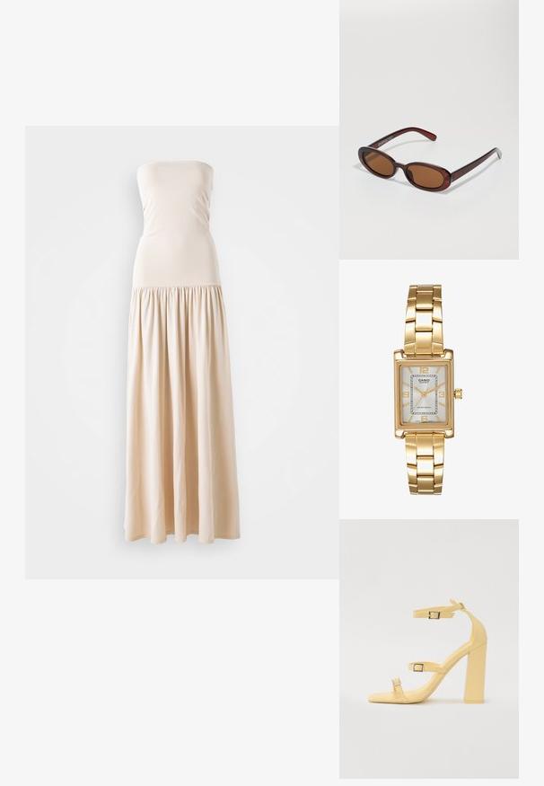 Kreminė be petnešų maksi suknelė su prigludusia krūtine ir laisvai krentančia surinkta sijoną, pagaminta iš minkštos medžiagos, turinti lygų paviršių visame ilgume.; Geltoni blokiniai kulniukai su trimis reguliuojamais diržais, kvadratinis pirštas, sklandus sintetinės medžiagos paviršius ir sidabrinės tono sagtelės.; APvalūs, rudos spalvos saulės akiniai su blizgia burgundinės spalvos rėmeliu. Plonos šakutės su subtiliu ženklinimu. Lygus objektyvo dizainas.; Aukso spalvos kvadratinis laikrodis su baltu ciferblatu, sidabro spalvos valandų žymekliais ir patvariu metaliniu apyrankiu. Įtrauktas vandeniui atsparus funkcionalumas.