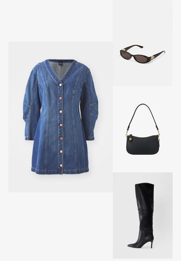 Blue denim dress with a V-neckline, long sleeves, and button-front closure. Features contrasting stitching and pockets on the sides.; Black leather over-the-knee boot with pointed toe, stiletto heel, and a sleek design featuring a logo accent on the ankle.; Tortoiseshell sunglasses with elongated oval lenses, brown tint, gold logo accents on temples, and sleek black arms.; Black leather shoulder bag with a curved design, gold hardware, and a zipper closure. Features a detachable strap and subtle stitching detail.