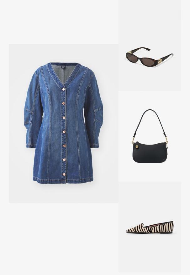 Rochie din denim albastru cu decolteu în V, mâneci lungi și închidere cu nasturi. Prezintă cusături contrastante și buzunare pe părțile laterale.; Pretty Ballerinas ELLA - Pantofi slip-on - nube black; Ochelari de soare din țiglă cu lentile ovale alungite, nuanță maro, accente cu logo auriu pe brațele laterale și brațe negre elegante.; Geantă de umăr din piele neagră cu un design curbat, tocături aurii și închidere cu fermoar. Are o curea detașabilă și un detaliu subtil de cusătură.