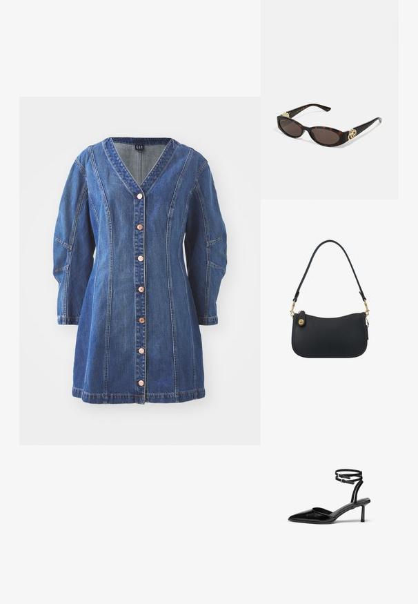 Blue denim dress with a V-neckline, long sleeves, and button-front closure. Features contrasting stitching and pockets on the sides.; Black leather high-heeled shoe with a pointed toe and ankle strap. Features a sleek design and a slender 5 cm heel. Smooth texture.; Tortoiseshell sunglasses with elongated oval lenses, brown tint, gold logo accents on temples, and sleek black arms.; Black leather shoulder bag with a curved design, gold hardware, and a zipper closure. Features a detachable strap and subtle stitching detail.