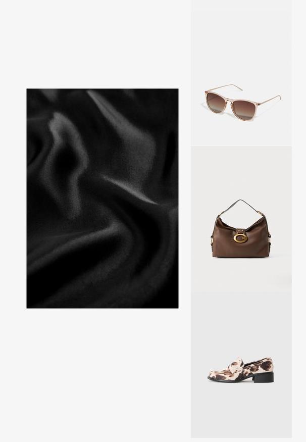Melnas audums ar gludu, spīdīgu tekstūru, kurā ir krokas un viļņi, kas veido dinamisku izskatu. Viens un tas pats krāsojums visā audumā.; Zemu kurpe ar zemu papēdi, melnu sakrautā papēdi, bēšas un brūnas dzīvnieku raksta auduma virsdaļu un dekoratīvu joslu pāri purngala.; Brūna gradienta saulesbrilles ar caurspīdīgu rozā rāmi, kvadrātveida forma un plānas metāla kājas. Iespējamās noapaļotas malas un minimāls dizains.; Brūna ādas rokassoma ar teksturētu virsmu, kurai ir zelta toņa aparatūras sprādze un viena izliekta plecu siksna.