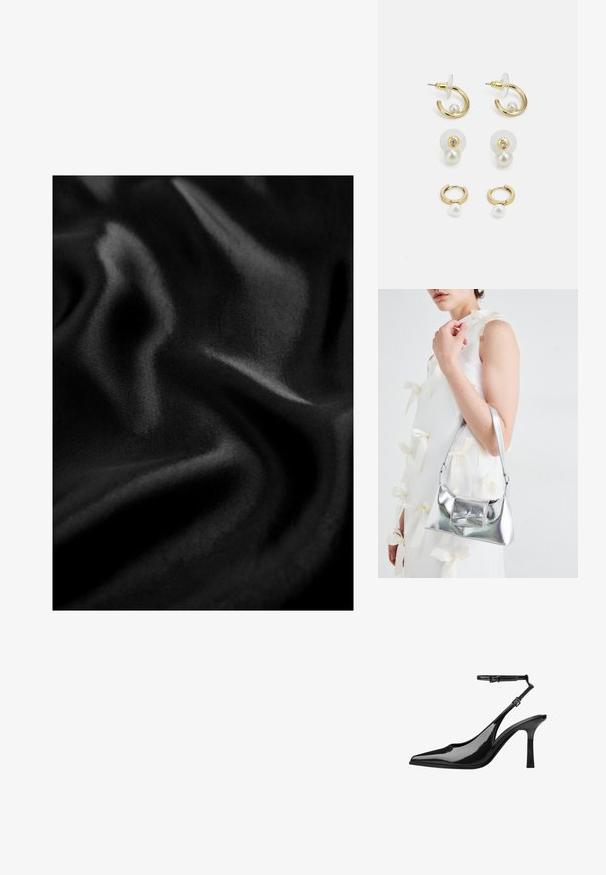 Čierna tkanina s hladkým, lesklým povrchom, s prehybmi a vlnkami, ktoré vytvárajú dynamický vzhľad. Jednotná farba po celej ploche.; Čierne lakované slingback lodičky s špicatou špičkou, popruhom na členku a stredným ihlovým podpätkom. Hladký, lesklý povrch s elegantným dizajnom.; Strieborná metalická kabelka so štruktúrovaným tvarom, ktorá má hornú rukoväť a mašľu na prednej strane. Hladká textúra, reflexný povrch.; Náušnice v zlatom prevedení s kruhovými dizajnmi, perličkami a kryštálovým akcentom. Obsahuje štýly na zapichovanie a kruhové s priehľadným zázemím.