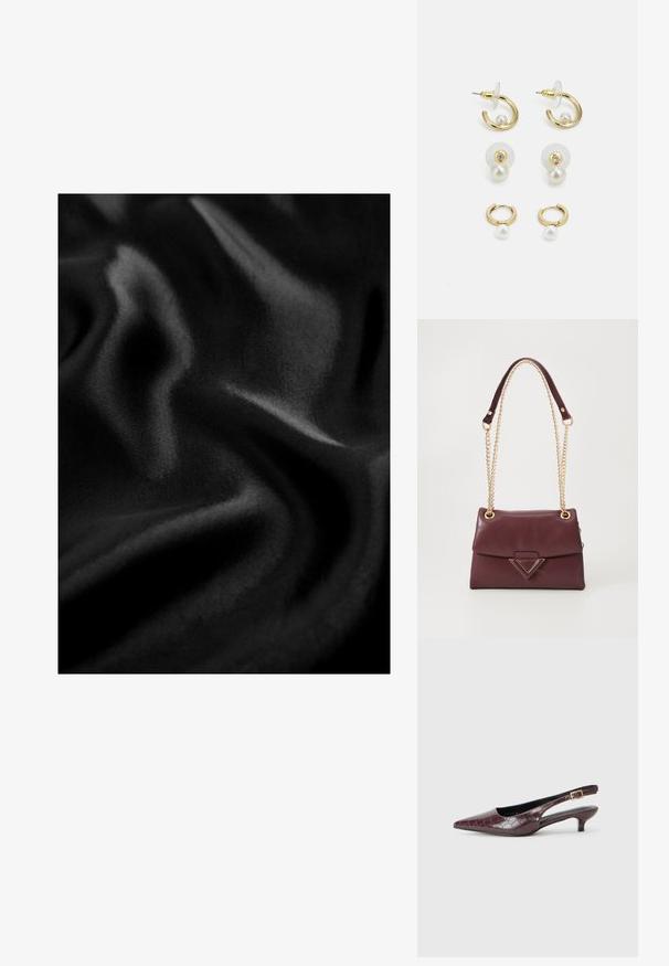 Fekete szövet sima, fényes textúrával, redőkkel és hullámokkal, amelyek dinamikus megjelenést kölcsönöznek. Egységes szín az egész felületen.; Burgundi hegyes orrú, hátul nyitott cipők krokodil mintázattal, alacsony sarkukkal, és arany csattal a pánton. Sima bélés.; Burgundi bőr kézitáska hajtogatós fedéllel, arany lánc pánttal és háromszög alakú fémelemiséggel az elején. Simább textúra.; Arany színű fülbevalók kör alakú mintákkal, gyöngyökkel és kristály díszítéssel. Stud és hoop stílusban, áttetsző hátlappal kaphatók.