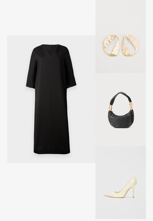 Black V-neck dress with short, wide sleeves. Made of smooth fabric. Features a concealed back zipper and a loose, straight silhouette.; High-heeled pump made of smooth cream-colored leather. Features a pointed toe, sleek silhouette, and a thin stiletto heel.; Black leather handbag with a round shape, soft texture, and a knotted handle featuring gold-tone hardware accents. Zipper closure.; Pair of irregular oval-shaped gold-toned metal earrings with a textured, slightly hammered surface on a white background.