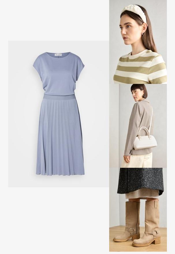 Light blue dress with a fitted top and pleated skirt. Soft, smooth fabric with a round neckline and short sleeves. Elastic waistband.; Jeffrey Campbell REFLECTION - Cowboy/Biker boots - sand; White structured handbag with short handles and a shoulder strap, featuring gold hardware accents and textured material, displayed against a grey background.; Cream padded headband with twisted design, paired with a beige and white striped shirt featuring a round neckline. Subtle jewelry accents.
