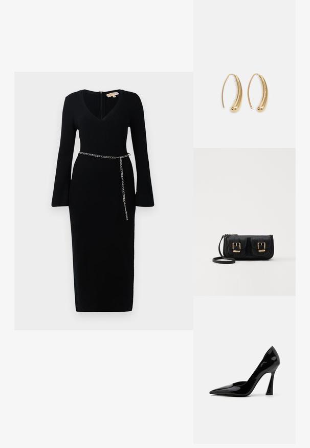 Μαύρο ριπ μίντι φόρεμα με μακριά μανίκια και V λαιμόκοψη, που διαθέτει κουμπωτές μανσέτες και μια λεπτή ασημένια αλυσίδα γύρω από τη μέση.; Μαύρο παλτό από πατέντο δέρμα ψηλοτάκουνο παπούτσι με μυτερή μύτη και γωνιακό στιλέτο τακούνι, με ένα απαλό, γυαλιστερό υφή.; Μαύρη δερμάτινη τσάντα ώμου με δύο μπροστινές τσέπες, χρυσά κούμπωματα, κλείσιμο με φερμουάρ και λεπτό λουρί. Υφή επιφάνειας και κομψό ορθογώνιο σχήμα.; Χρυσές μεταλλικές σκουλαρίκια κρίκοι με καμπυλωτό, ελκυστικό σχήμα. Περιλαμβάνουν μια λεία, γυαλιστερή επιφάνεια και στρογγυλή άκρη για πρόσθετη λεπτομέρεια.