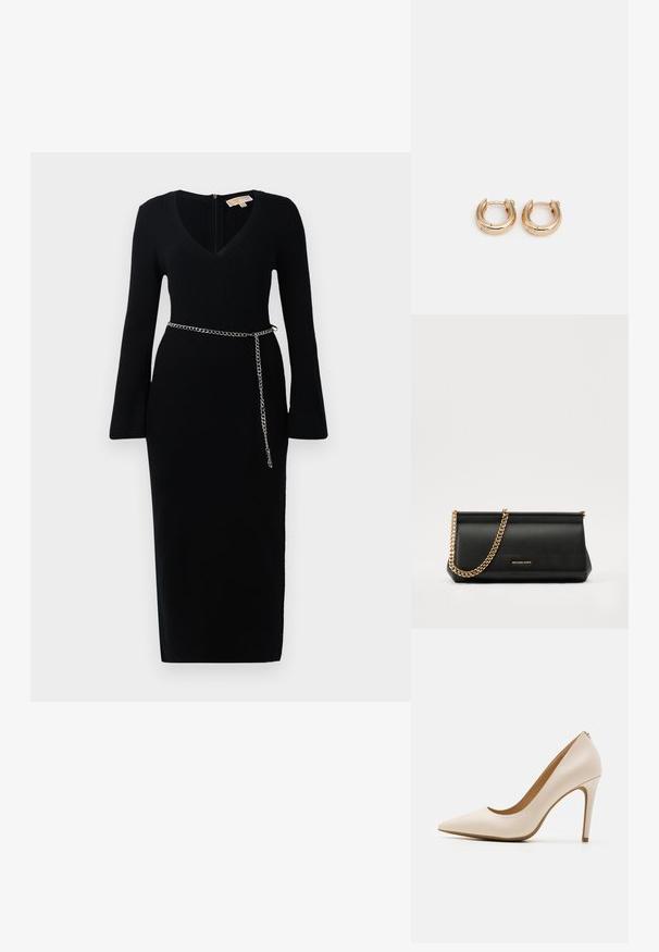 Vestido midi preto de manga longa canelado com decote em V e punhos esvoaçantes, apresentando um cinto de corrente prateada fino à volta da cintura.; Pump bege de salto alto, biqueira pontuda, acabamento em couro liso, salto fino em stiletto, design minimalista com um detalhe discreto na parte de trás.; Mala de mão de couro preta com uma alça de corrente dourada, apresentando uma textura suave, forma retangular e uma marca gravada na parte da frente.; Argolas de ouro com acabamento polido, apresentando um design circular e espesso, além de um mecanismo de fecho seguro. Textura suave e aparência brilhante.