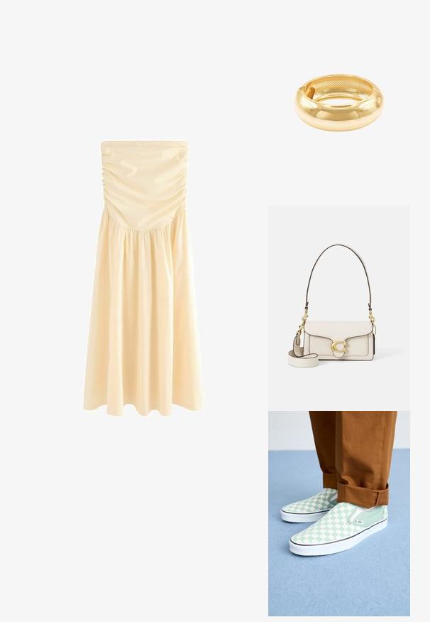 Robe midi sans bretelles en beige clair, avec des fronces au niveau de la poitrine et une jupe froncée pour plus de fluidité. Tissu lisse et léger.; Des pieds dans un pantalon marron à revers portant des baskets à motifs damiers vert pastel et blanc de type slip-on Vans sur un tapis bleu clair.; Sac en cuir crème avec un design structuré, bords noirs contrastants, quincaillerie dorée et une bandoulière détachable ornée d'un logo signature.; Bracelet en métal doré avec un extérieur lisse et un intérieur texturé. Présente une conception large et arrondie avec une découpe ouverte d'un côté.