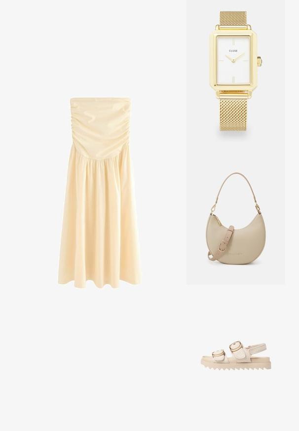 Stropfri midi-kjole i lys beige, med rynker ved bodice og en samlet nederdel for en let bevægelse. Glat, let materiale.; Lys beige sandaler med strukturerede stofremme og hardware i guldfarve. Chunky sålen har zigzag mønster for ekstra greb og stabilitet.; Beige læderhåndtaske med en halvmåneform, der har en aftagelig skulderrem, gulddetaljer og prægede "Valentino" logo.; Guldfarvet rektangulært ur med en hvid urskive, minimalistiske timeindikatorer og et nettet metalarmbånd. Har en sidekrone til justering af tiden.