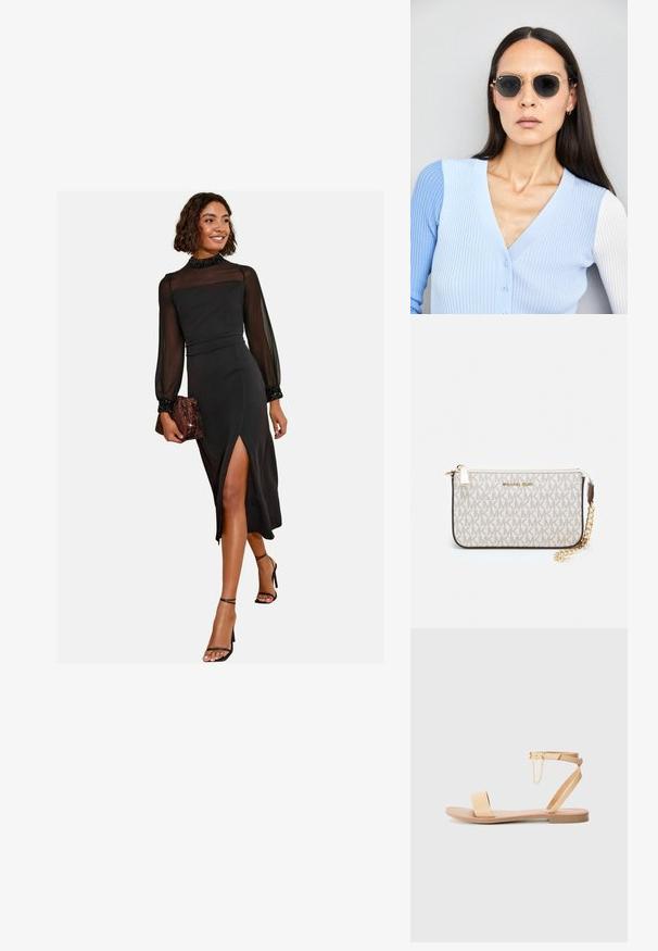 Schwarzes Kleid mit transparenten langen Ärmeln, hohem Kragen und mit Perlen besetzten Akzenten; verfügt über einen seitlichen Schlitz und eine taillierte Silhouette. Passende Clutch.; Beige Flachsandale mit einem breiten Riemen, Knöchelriemen mit Schnalle und dekorativem Kettendetail. Glatte, lederähnliche Textur und flache Sohle.; Runde Sonnenbrillen mit dunklen Gläsern und goldenen Rahmen. Das Modell trägt eine hellblaue, gerippte Strickjacke mit Knöpfen und weißen Kontrastärmeln.; Michael Kors Clutch in beige beschichtetem Canvas mit einem wiederholten MK-Logo-Muster, goldfarbener hardware und einem abnehmbaren Kettenriemen.